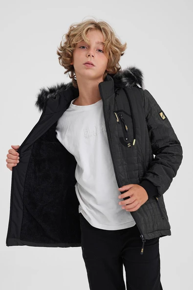 Yeşil Erkek Çocuk Su Ve Rüzgar Geçirmez Çıkartılabilir Kapüşonlu Kapitone Mont&Kaban - Resim 3