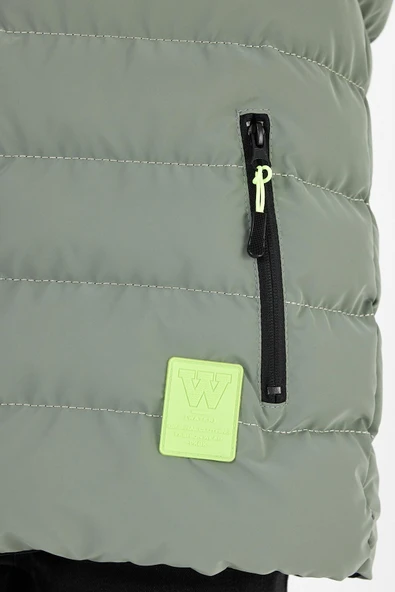 Açık Yeşil Erkek Çocuk Çıkartılabilir Kapüşonlu Şişme Deri Karışımlı Kumaş Mont&Kaban - Resim 5