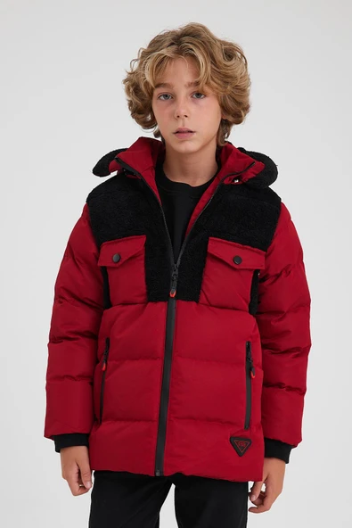Kırmızı Peluş Detaylı İçi Kürklü Kalın Şişme Erkek Çocuk Mont&Kaban ürün görseli 1