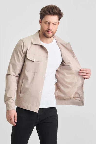 Krem Erkek Pamuk Polyester Karışımlı Su Ve Rüzgar Geçirmez Mevsimlik&Yazlık Mont - Resim 5