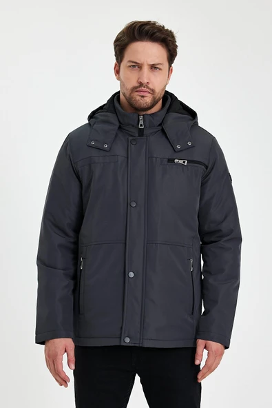 Gri İçi Kalın Kürklü Çıkartılabilir Kapüşonlu Fermuar Çepli Rüzgar Ve Su Geçirmez Mont&Kaban ürün görseli 1