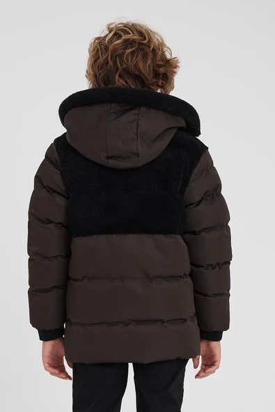 Yeşil Peluş Detaylı İçi Kürklü Kalın Şişme Erkek Çocuk Mont&Kaban - Resim 6