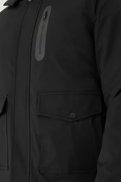 Erkek Siyah Su Ve Rüzgar Geçirmez Çıkartılabilir Kapüşonlu Mont&Kaban - Resim 4
