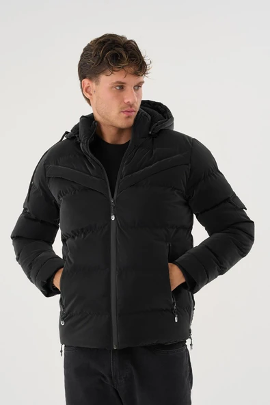 Erkek Siyah Su Ve Rüzgar Geçirmez Kürklü Çıkartılabilir Kapüşonlu  Mont&Kaban - Resim 3
