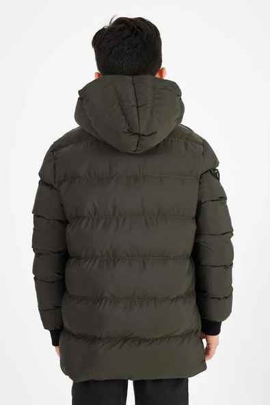Yeşil Erkek Çocuk Sabit Kapüşonlu Şişme Deri Karışımlı Kumaş Mont&Kaban - Resim 6