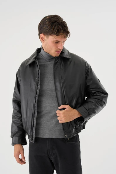 Erkek Siyah Deri Oversize Basic Mont&Ceket - Resim 4