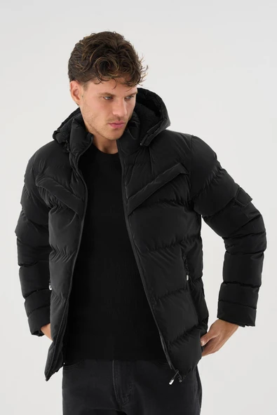 Erkek Siyah Su Ve Rüzgar Geçirmez Kürklü Çıkartılabilir Kapüşonlu  Mont&Kaban - Resim 2