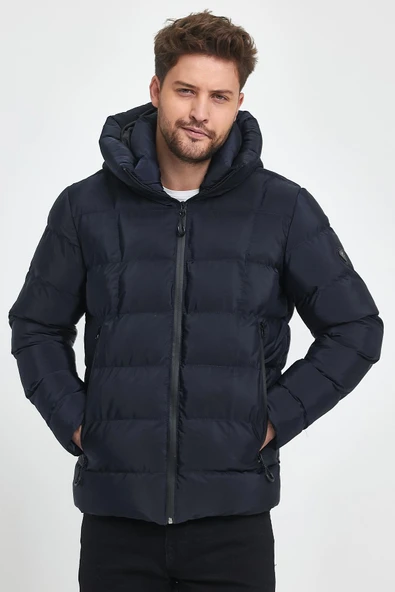 Erkek Lacivert Su Ve Rüzgar Geçirmez Sabit Kapüşonlu Pofuduk Yaka Kalın Içi Kürklü Şişme Mont&Kaban - Resim 2
