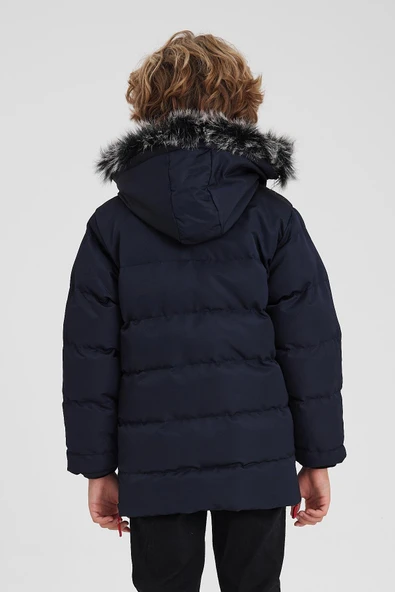 Lacivert Çıkartılabilir Kapüşonlu İçi Kürklü Kalın Şişme Erkek Çocuk Mont&Kaban - Resim 6