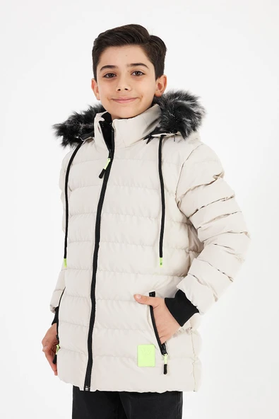 Krem Erkek Çocuk Çıkartılabilir Kapüşonlu Şişme Deri Karışımlı Kumaş Mont&Kaban - Resim 3