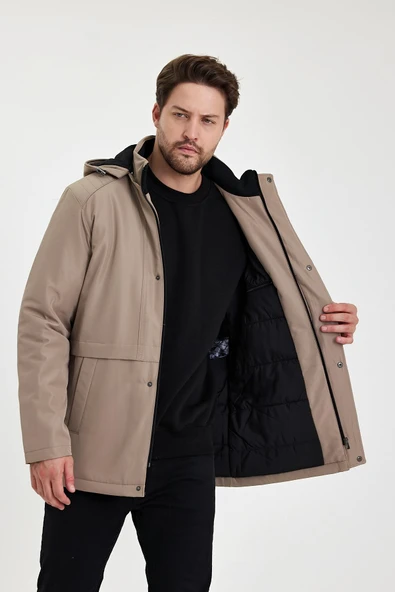 Bej İçi Kalın Kürklü Çıkartılabilir Kapüşonlu Rüzgar Ve Su Geçirmez Mont&Kaban - Resim 2