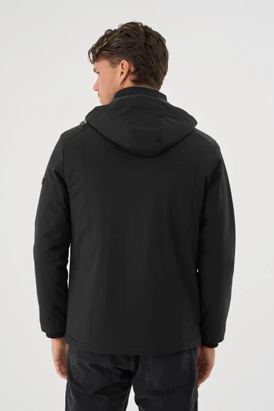 Erkek Siyah Su Ve Rüzgar Geçirmez Çıkartılabilir Kapüşonlu Mont&Kaban - Resim 5