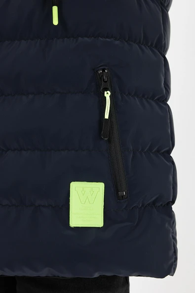 Lacivert Erkek Çocuk Çıkartılabilir Kapüşonlu Şişme Deri Karışımlı Kumaş Mont&Kaban - Resim 5