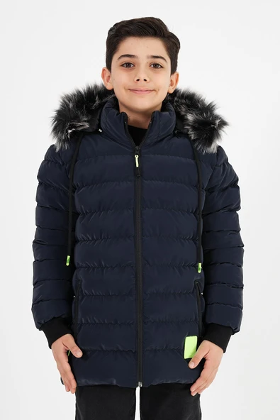 Lacivert Erkek Çocuk Çıkartılabilir Kapüşonlu Şişme Deri Karışımlı Kumaş Mont&Kaban ürün görseli 1