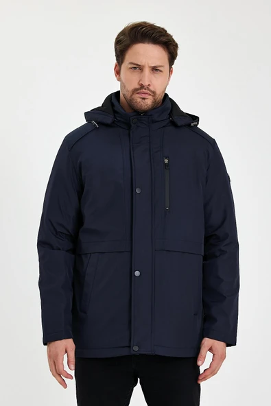 Lacivert İçi Kalın Kürklü Çıkartılabilir Kapüşonlu Rüzgar Ve Su Geçirmez Mont&Kaban ürün görseli 1