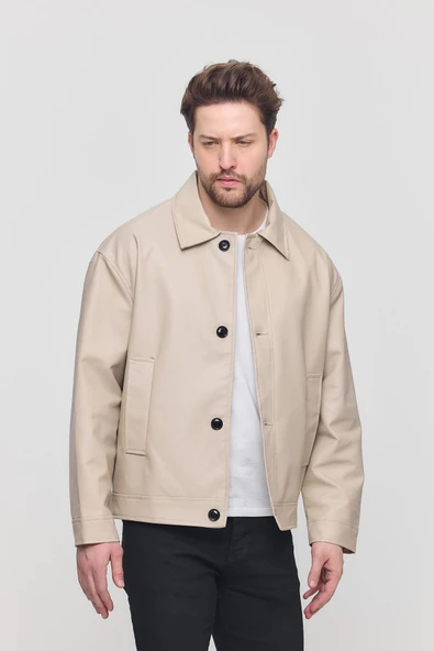 Krem Erkek Basic Suni Deri Yazlık Ceket&Mont - 2