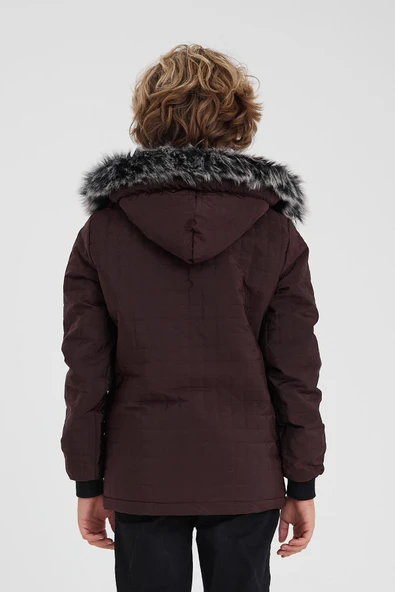 Bordo Erkek Çocuk Su Ve Rüzgar Geçirmez Çıkartılabilir Kapüşonlu Kapitone Mont&Kaban - Resim 6