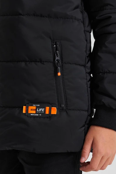 SİVAİST SİYAH ERKEK ÇOCUK SU VE RÜZGAR GEÇİRMEZ ÇIKARTILABİLİR KAPÜŞONLU YIKANABİLİR İÇİ KÜRKLÜ MONT & KABAN - Resim 3