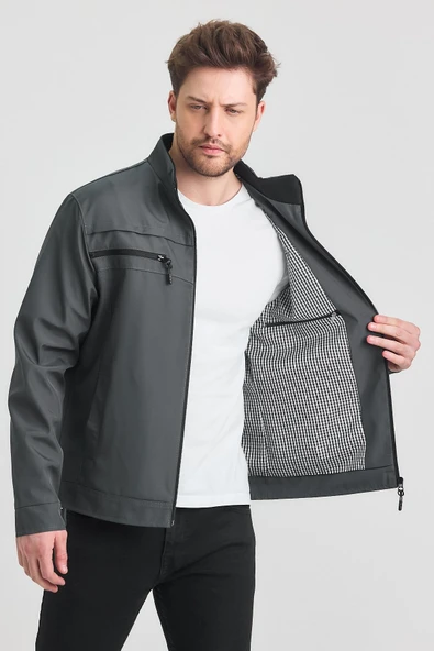 Antrasit Erkek Pamuk Polyester Karışımlı Çift Göğüs Fermuarlı Su Ve Rüzgar Geçirmez Mevsimlik&Yazlık Mont - Resim 2