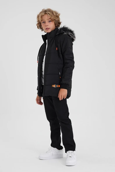 SİVAİST SİYAH ERKEK ÇOCUK SU VE RÜZGAR GEÇİRMEZ ÇIKARTILABİLİR KAPÜŞONLU YIKANABİLİR İÇİ KÜRKLÜ MONT & KABAN - Resim 5