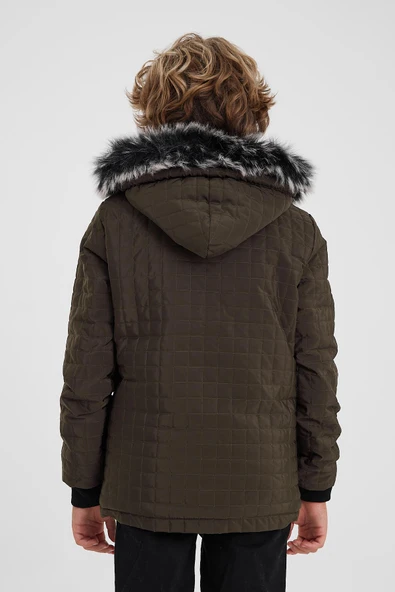 Kahverengi Erkek Çocuk Su Ve Rüzgar Geçirmez Çıkartılabilir Kapüşonlu Kapitone Mont&Kaban - Resim 6