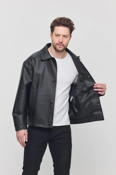 Siyah Erkek Basic Suni Deri Yazlık Ceket&Mont - 4
