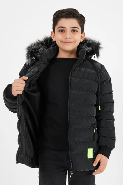 Siyah Erkek Çocuk Çıkartılabilir Kapüşonlu Şişme Deri Karışımlı Kumaş Mont&Kaban - Resim 2