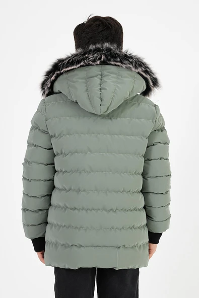 Açık Yeşil Erkek Çocuk Çıkartılabilir Kapüşonlu Şişme Deri Karışımlı Kumaş Mont&Kaban - Resim 6