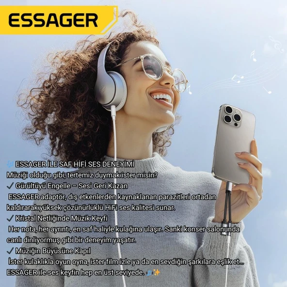 Essager 60W Şarj 2in1 Type-C to Type-C Dönüştürücü Çevirici Çoklayıcı Hızlı Şarj Type-C Kulaklık Çıkışı, Hifi Ses ve Hızlı Şarj Adaptörü - 5