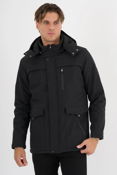 Erkek Siyah %100 Su Ve Rüzgar Geçirmez Kürklü Çıkartılabilir Kapüşonlu Mont&Kaban - Resim 3