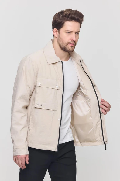 Krem Erkek Çift Göğüs Cepli Yazlık Ceket&Mont - Resim 2