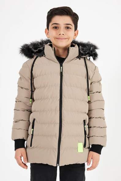 Kahverengi Erkek Çocuk Çıkartılabilir Kapüşonlu Şişme Deri Karışımlı Kumaş Mont&Kaban ürün görseli 1