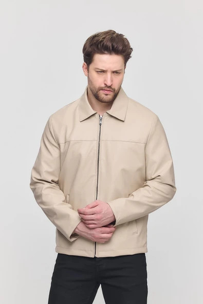 Krem Erkek Basic Suni Deri Yazlık Ceket&Mont