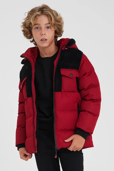 Kırmızı Peluş Detaylı İçi Kürklü Kalın Şişme Erkek Çocuk Mont&Kaban - Resim 4