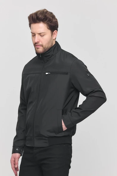 Erkek Siyah Mevsimlik Triko Detaylı Fermuarlı İç Cepli Mont&Ceket - Resim 3