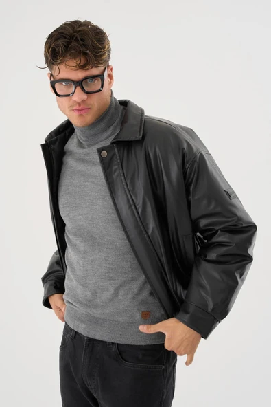 Erkek Siyah Deri Oversize Basic Mont&Ceket - Resim 5