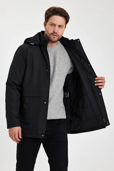 Siyah İçi Kalın Kürklü Çıkartılabilir Kapüşonlu Rüzgar Ve Su Geçirmez Mont&Kaban - Resim 3