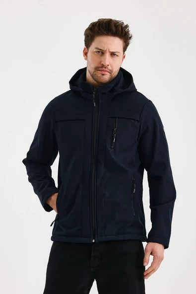 Lacivert Erkek %100 Su Geçirmez İçi Polarlı İç Çepli Çıkartılabilir Kapüşonlu Softshell Mont&Kaban - Resim 3