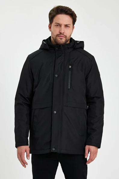 Siyah İçi Kalın Kürklü Çıkartılabilir Kapüşonlu Rüzgar Ve Su Geçirmez Mont&Kaban ürün görseli 1