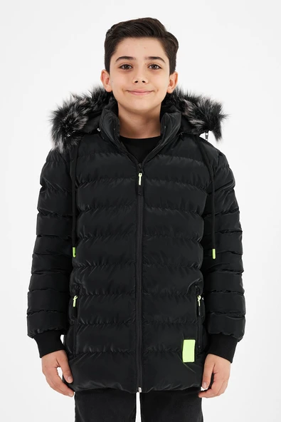 Siyah Erkek Çocuk Çıkartılabilir Kapüşonlu Şişme Deri Karışımlı Kumaş Mont&Kaban ürün görseli 1