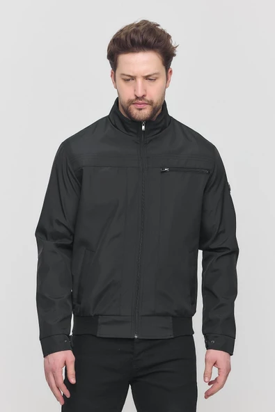 Erkek Siyah Mevsimlik Triko Detaylı Fermuarlı İç Cepli Mont&Ceket ürün görseli 1
