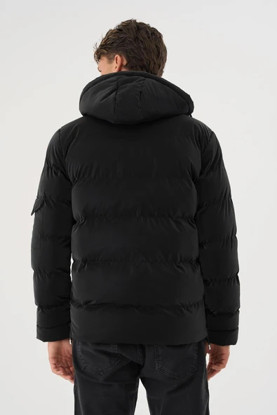 Erkek Siyah Su Ve Rüzgar Geçirmez Kürklü Çıkartılabilir Kapüşonlu  Mont&Kaban - Resim 5