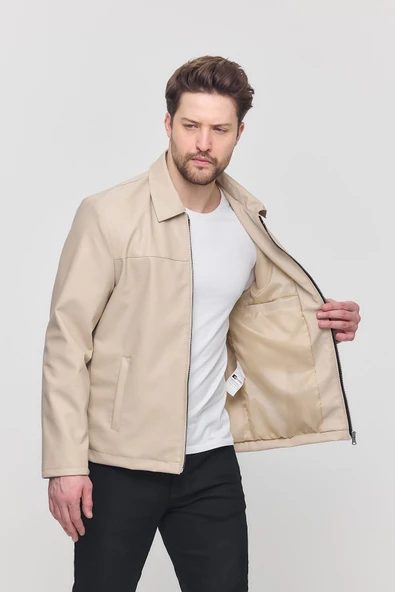 Krem Erkek Basic Suni Deri Yazlık Ceket&Mont - 2