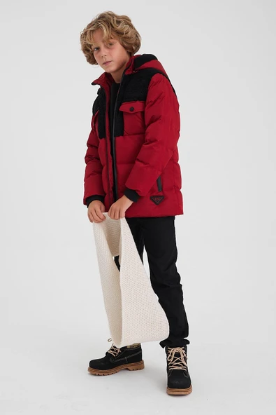 Kırmızı Peluş Detaylı İçi Kürklü Kalın Şişme Erkek Çocuk Mont&Kaban - Resim 2