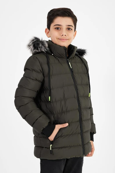 Yeşil Erkek Çocuk Çıkartılabilir Kapüşonlu Şişme Deri Karışımlı Kumaş Mont&Kaban - Resim 2