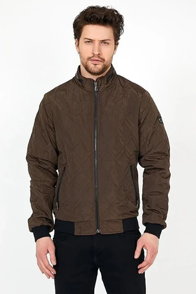 Yeni Sezon Erkek Kahverengi Mevsimlik Triko Ve Deri Biye Detaylı Fermuarlı İç Cepli Mont&Ceket ürün görseli 1