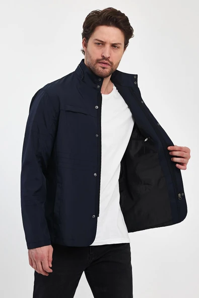 Erkek Lacivert Regular Uzun Mevsimlik Pamuk Polyester Karışımlı Safari Mont&Ceket - 3