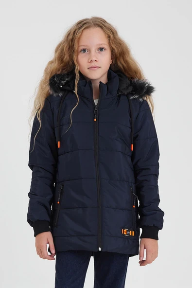 SİVAİST LACİVERT KIZ ÇOCUK SU VE RÜZGAR GEÇİRMEZ ÇIKARTILABİLİR KAPÜŞONLU YIKANABİLİR İÇİ KÜRKLÜ MONT & KABAN ürün görseli 1