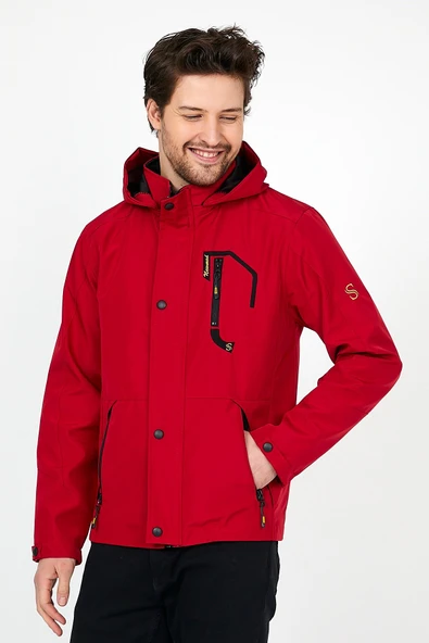 YENİ SEZON ERKEK KIRMIZI SOFTSHELL KAPÜŞONLU İÇ CEPLİ SU VE RÜZGAR GEÇİRMEZ MEVSİMLİK&YAZLIK MONT - 5