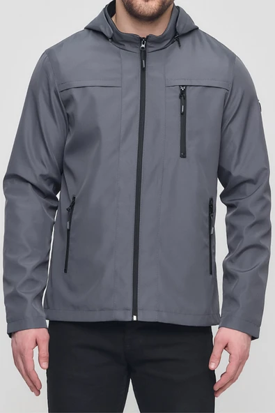 Erkek Gri %100 Su Geçirmez İç Cepli Çıkartılabilir Kapüşonlu Yazlık Mont ürün görseli 1